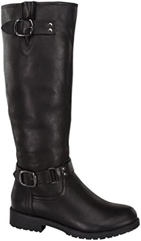 Top Moda Fax-10 Women's round toe studded buckled straps decor knee high PU boots Black 9