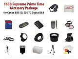 16GB Supreme Prime Time Acessory Package For The Canon EOS 5D Mark II EOS 7D Digital Slr Kit Includes 16Gb High Speed Memory Card, 2 Extended Life Batteries, Rapid AC/DC Charger, Digital Flash, Professional Wide Angle Lens, 2X Telephoto Lens, Filter Kit, 4 Piece Close Up Lens Kit, Flower Lens Hood, Deluxe Carrying Case, 72 Inch Professional tripod, Professional SLR Hand Strap, Flash Diffuser, + More All Lenses Will Fit The Following Canon EF-S 28-135mm, EF-S 18-135mm, EF-S 15-85mm, EF-S 18-200mm