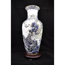 Cloisonne Vase Blue and White Dragon, Rock, Sea and Fire 12 inch X-large