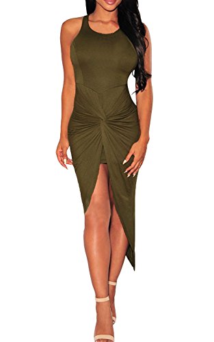 Sexy Womens Sleeveless Hig Low Knotted Slit Party Club Dress (S, Olive)