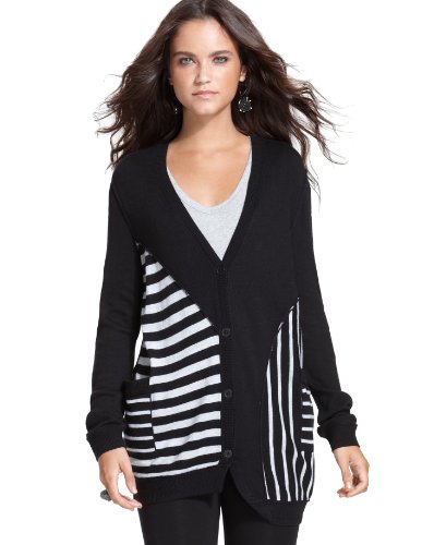 Rachel Rachel Roy Cardigan, Long Sleeve Striped Black/Grey Combo