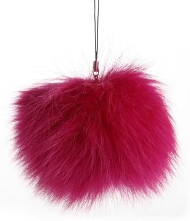Fox Pompon Fuzzies Fox Fur Ball Use for Mobile Strap Coppia Keychain (4", Rose Red)