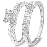 3/4 CT. T.W. Princess, Baguette Cut Diamond Women's Bridal Wedding Ring Set 10K White Gold - Two Rings: Ladies Engagement Ring and Ladies Wedding Band - Free Gift Box -