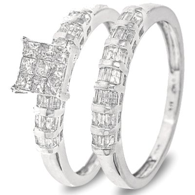 3/4 CT. T.W. Princess, Baguette Cut Diamond Women's Bridal Wedding Ring Set 10K White Gold - Two Rings: Ladies Engagement Ring and Ladies Wedding Band - Free Gift Box -