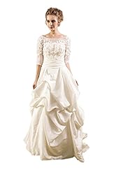 Lace Applique  Elbow Length Sleeves Satin Cocktail Bateau Neck Evening Dress/Prom Dress/Wedding Party Dress  with a Brush/Sweep Train  With Ruffles