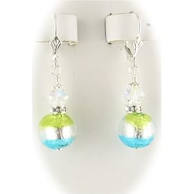 Aqua Lime Green Murano Italian Glass Sterling Silver Earrings 246