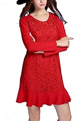 Plus Size Round Neck Winter Floral Print Shift Long Sleeves Embroidered Pleated Lace  Dress
