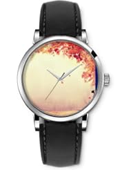 SPRAWL Aanalog Fashion Series Silver Ladies Watches of Genuine Black Leather Strap,Unique Wrist Watch for Women Girls Designed with Orange Leaf