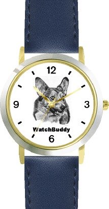 Corgi (SC) Dog - WATCHBUDDY® CLASSIC DELUXE TWO-TONE THEME WATCH - Arabic Numbers-Blue Leather Strap-Women's Size-Small