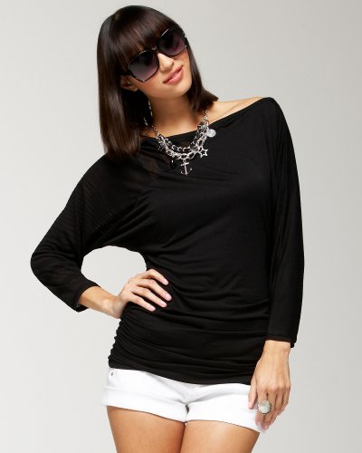 Striped Shirred Boatneck Top - black M