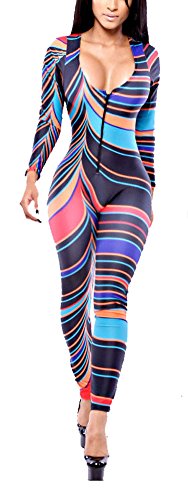 Women's Stylish Afrique Tribal Long Sleeve Bodycon Jumpsuit Romper Catsuit (US M, Multicolor)