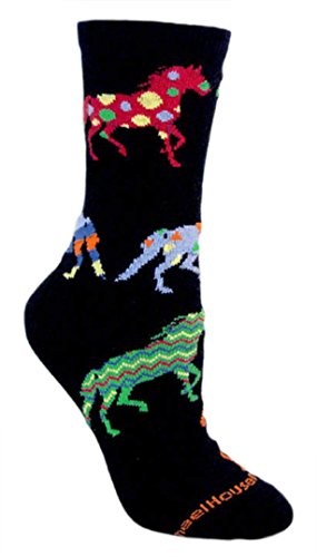 Colorful Horses Black Ultra Lightweight Cotton Crew Socks - Made in USA