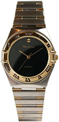 Medana Men's Roman Numeral Bezel Two Tone Round Black Dial Bracelet watch # 1047