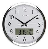 Very Large 14" Classic Bold Quality White & Chrome finish Office Wall Clock with Date & Temp