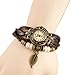 Demarkt Vintage Retro Leaf Red Leather Bracelet Wrist Quartz Watch for Womens Girls