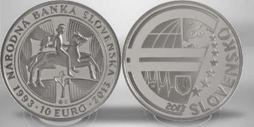 Slovakia 10 Euro Silver Coin " NBS - 20 Anniversary of the founding Slovenska 1993 - 2013 " 2013 - Grade : uncirculated - Mintage only 4.100 Coins