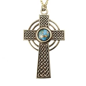 Small Celtic Cross with 8mm Persian Blue Copper Turquoise Gemstone on Rolo Chain