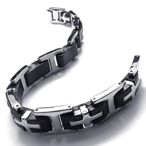 Konov Jewellery Men's Stainless Steel Rubber Cross Bracelet, Colour Black Silver, Length 8 1/4 inch by Pin Zhen