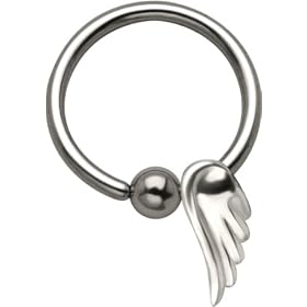 Angel's Wing - 925 Sterling Silver Sliding Charm Captive Bead Ring - 16 Gauge