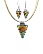 Necklace and Earrings Set - XS-45 - Genuine Handmade Dichroic Glass Pendant and Earrings - Hung on a 16" Stainless Steel Gold Colored Multi-Strand Cord + 2" Extension Chain and French Wires ~ All Findings and Earring wires are made of .925 Sterling Silver