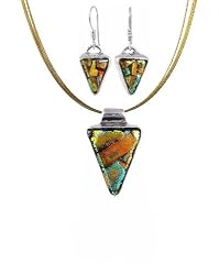 Necklace and Earrings Set - XS-45 - Genuine Handmade Dichroic Glass Pendant and Earrings - Hung on a 16" Stainless Steel Gold Colored Multi-Strand Cord + 2" Extension Chain and French Wires ~ All Findings and Earring wires are made of .925 Sterling Silver
