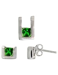 Sterling Silver Matte-finish U-shaped Stud Earrings (6mm tall) & Pendant (10mm tall) Set, w/ Princess Cut Emerald-colored CZ Stones