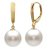 14k Yellow Gold 9-10mm Perfect Round White Cultured Freshwater Pearl High Luster, Leverback Earring AAA Quality.