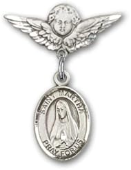Sterling Silver Baby Badge with St. Martha Charm and Angel with Wings Badge Pin