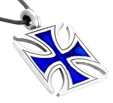 Big BLUE IRON CROSS Silver Tone Pewter PENDANT Necklace
