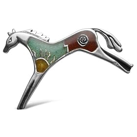 Sterling Silver Yellow Jasper, Turquoise, and Red Japer Inlay Mosaic Horse Pin by
