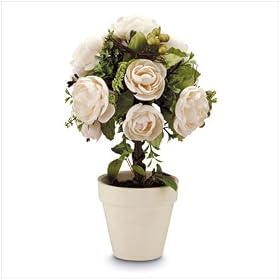FABRIC IVORY ROSE BOUQUET BUNCH TOPIARY TERRA COTTA POT