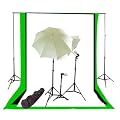 CowboyStudio Photography Video Studio Triple Lighting Light Kit with 3 Muslins Backdrop Black White Green 10' x 12' and Background Support System Background Stand