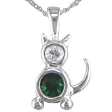 Sterling Silver Cat Charm Pendant with Green Trillion Cubic Zirconium