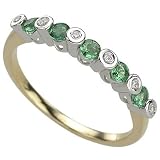 14K Two Tone Gold Round Emerald & Bezel Set Diamond Band Ring