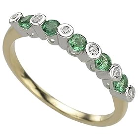 14K Two Tone Gold Round Emerald & Bezel Set Diamond Band Ring