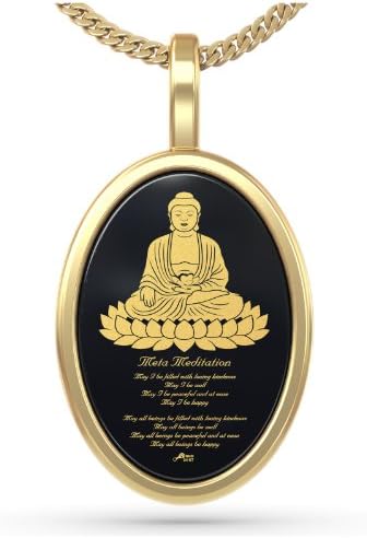 Spiritual Jewelry - 14kt Gold Buddha Pendant - Buddhist Necklace with Metta Meditation Prayer Jewelry Inscribed in 24kt Gold on Onyx Gem