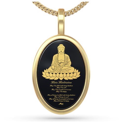 Spiritual Jewelry - 14kt Gold Buddha Pendant - Buddhist Necklace with Metta Meditation Prayer Jewelry Inscribed in 24kt Gold on Onyx Gem