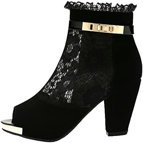 Passionow Christmas Womens New Style Peep Toe Elegant Lace Mesh High Heeled Chunky Ankle Bootie(8.5 B(M)US, Black)