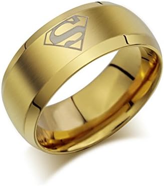 8mm Gold Titanium Men's Wedding Band Superman Ring Comfort Fit Flat Brushed Top and Polished Finish Edges