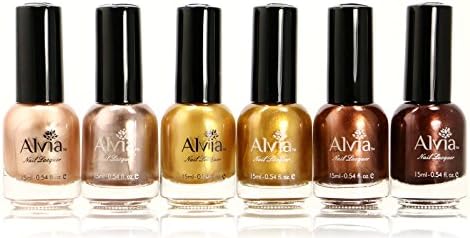 Alvia Golden Mettalic Nail Polish Set (6 Colors Professional Quality and Quick Dry) 15ml 0.5fl Each