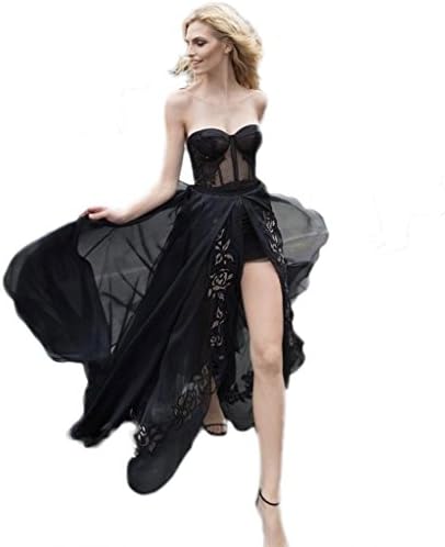 Fashionbridal Women's Sexy Front Slit Chiffon Evening Dresses with Embroidery Black 12