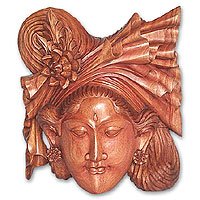 Mahogany wood mask, 'Satyawati, the Loyal Wife' by NOVICA