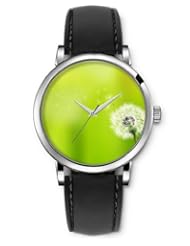SPRAWL Aanalog Fashion Series Silver Ladies Watches of Genuine Black Leather Strap,Unique Wrist Watch for Women Girls Designed with Dandelion