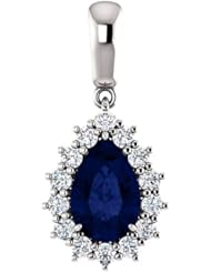 14K White Gold 9.00x6.00mm Pear Cut Chatham Created Sapphire and Diamond Pendant -- LIFETIME WARRANTY