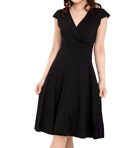 フレンチ袖大人めカシュクール美ラインドレスワンピース【hhu1403293】 (M, ブラック)