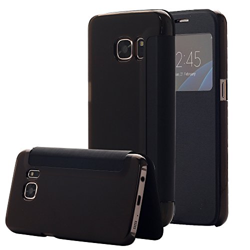 Galaxy S7 Case, Pandawellâ„¢ [Big Window] Hard Shell Clear Back Flip View Case Folio Stand Cover for Samsung Galaxy S7 - Black