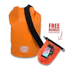 Orange Dry Bag, Waterproof Bag Guaranteed, (10l) with Shoulder Strap & Free Bonus Smart Phone Dry Bag By Sky Solutions. Dry Sack Is Marine Grade Thermo Welded PVC Tarpaulin