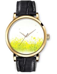 SPRAWL Aanalog Fashion Series Gold Ladies Watches of Genuine Black Leather Strap,Unique Wrist Watch for Women Girls Designed with Garden of yellow flowers
