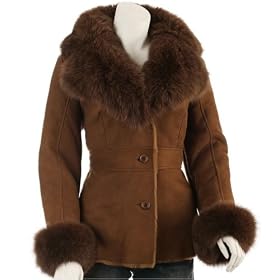 BGSD Ladies Button Front Shearling Coat with Fox Fur Trim by Luxury Lane