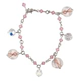 Bracelet - B266 - Lampwork Bead Charm Bracelet - Adjustable to Fit ~ Swarovski (tm) Rose + Matching Organza Bag ~ Breast Cancer Awareness Beads